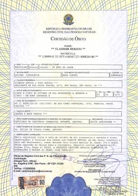 Certidão de óbito retificada de Vladimir Herzog, 2013