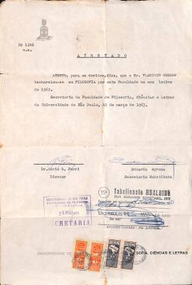 Atestado da Faculdade de Filosofia da USP, 1963