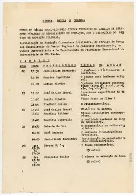 Programação do curso "Cinema, escola e cultura", s.d.